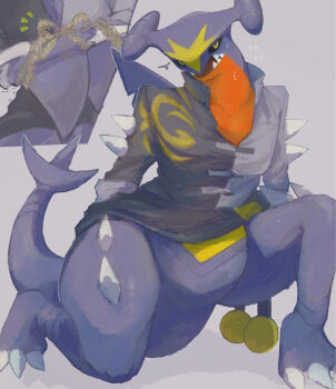 1other ^^^ animal_feet arm_behind_back arms_behind_back bad_id bad_pixiv_id black_sclera blue_skin bound bound_wrists butter_(oshi8kyoumoh) chinese_clothes clothed_pokemon collarbone colored_sclera colored_skin flying_sweatdrops garchomp garchomp_(martial_arts) gen_4_pokemon grey_background long_sleeves looking_at_viewer multicolored_skin multiple_views nervous nintendo notice_lines on_one_knee open_mouth other_focus pokemon pokemon_(creature) red_skin rope sharp_teeth simple_background spikes sweat tail tangzhuang teeth yellow_eyes yellow_skin