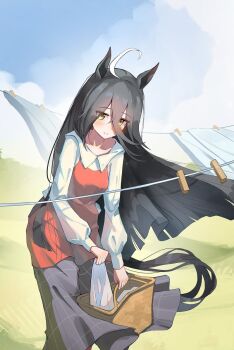 Rule 34 | 1girl, ahoge, animal ears, black hair, black skirt, blue sky, blush, closed mouth, clothes pin, clothesline, cloud, commentary request, dev grater, dress, drying, drying clothes, grass, hair between eyes, horse ears, horse girl, horse tail, laundry, laundry basket, long bangs, long hair, long hair between eyes, long sleeves, manhattan cafe (umamusume), multicolored hair, outdoors, red dress, skirt, sky, smile, solo, tail, umamusume, very long hair, white dress, white hair, yellow eyes