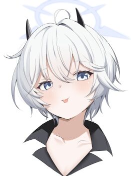 Rule 34 | 1girl, absurdres, black horns, blue archive, blue eyes, chanshiyu, commentary request, demon girl, demon horns, erika (blue archive), grey hair, grey halo, hair between eyes, halo, highres, horns, looking at viewer, portrait, short hair, smile, solo, tongue, tongue out