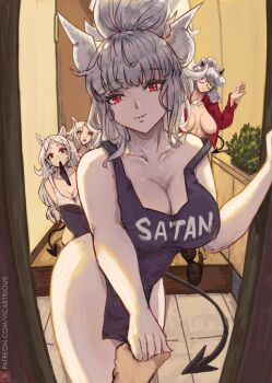 1girl animal_ears apron black_horns breasts breasts_apart cerberus_(helltaker) demon demon_girl demon_horns demon_tail dog_ears helltaker highres holding_hands hood hoodie horns looking_at_viewer lucifer_(helltaker) meeting mouth_hold naked_apron open_clothes open_door open_shirt pale_skin pandemonica_(helltaker) panties panties_in_mouth pov red_eyes red_shirt round_eyewear sagging_breasts shirt siblings tail thighs twins underwear vicarious white_hoodie