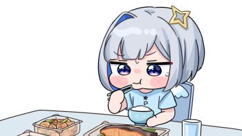1girl amane_kanata blue_hair blue_shirt bowl chair chibi chopsticks cup drinking_glass eating food_request grey_hair highres holding holding_bowl holding_chopsticks hololive mochimiko multicolored_hair on_chair purple_eyes rice rice_bowl shirt short_sleeves simple_background single_hair_intake solo table tears two-tone_hair upper_body virtual_youtuber water white_background