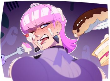 1boy absurdres blue_eyes blush cake cherry combos_&amp;_doodles earrings food food_on_face fork fruit highres jewelry male_focus one_eye_closed open_mouth panty_&amp;_stocking_with_garterbelt pink_hair polyurethane_(psg) solo_focus teeth upper_teeth_only