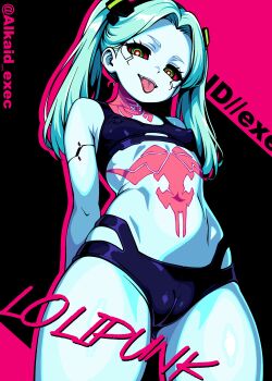 1girl absurdres alkaid_exec aqua_hair arms_behind_back black_bra black_panties blue_skin bra breasts cameltoe colored_sclera colored_skin covered_erect_nipples cowboy_shot cyberpunk:_edgerunners cyberpunk_(series) cyborg fang from_below green_eyes green_hair highres leg_tattoo loli long_hair looking_at_viewer navel neck_tattoo open_mouth panties rebecca_(cyberpunk) red_sclera small_breasts smile solo stomach_tattoo tattoo teeth thighs tongue tongue_out twintails twitter_username underwear upper_teeth_only