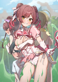 1boy 3girls absurdres alstroemeria_(idolmaster) back-to-back blush breasts cleavage clenched_teeth closed_eyes corset covering_breasts covering_privates dissolving_clothes drill_hair gloves hair_ornament hairclip highres holding holding_wand idolmaster idolmaster_shiny_colors kuwayama_chiyuki long_hair magical_girl medium_breasts multiple_girls official_alternate_costume official_alternate_hairstyle open_mouth osaki_amana osaki_tenka panties pink_panties pink_skirt puffy_short_sleeves puffy_sleeves red_hair short_sleeves siblings side-tie_panties sisters skirt slime_(substance) standing striped_clothes striped_panties swept_bangs tears teeth twin_drills twins twintails underwear wand wanitaroo._(waniwani_panic) white_gloves yellow_eyes
