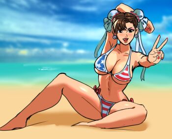1girl american_flag american_flag_bikini american_flag_print armpits beach bikini blush breasts brown_eyes brown_hair bun_cover capcom chun-li cleavage cloud double_bun earrings flag_print flag_print_bikini hair_bun jewelry large_breasts navel ocean odango_hair on_ground open_mouth print_bikini red_bikini sand side-tie_bikini_bottom sitting sky smile solo star_(symbol) star_print street_fighter striped_bikini striped_clothes sunbeam_(artist) swimsuit teeth v victory_pose water