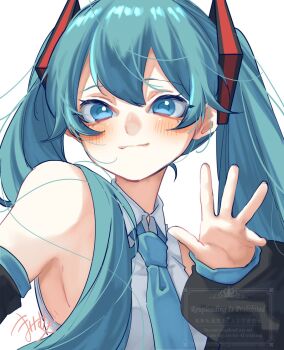 Rule 34 | 1girl, aqua eyes, aqua hair, aqua necktie, aqua trim, blush, closed mouth, collared shirt, commentary request, detached sleeves, hair between eyes, hair ornament, hatsune miku, highres, long hair, long sleeves, looking at viewer, mai mugi, necktie, shirt, signature, simple background, sleeveless, sleeveless shirt, smile, solo, twintails, very long hair, vocaloid, watermark, white background, white shirt