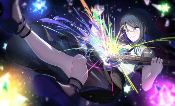 1girl absurdres apple_t_(ringotyasan) bare_arms bare_legs black_hair black_shoes black_skirt black_sleeves blue_nails bracelet commentary_request crystal crystal_shards floating full_body grey_eyes guitar hair_between_eyes hair_ornament hairclip high_heels highres holding holding_plectrum hoshino_ichika_(project_sekai) instrument jewelry long_hair looking_at_object music nail_polish parted_lips playing_guitar playing_instrument plectrum project_sekai see-through_skirt_layer shirt shirt_tucked_in shoes short_sleeves shorts shorts_under_skirt sidelocks skirt smile solo strappy_heels teeth white_shirt x_hair_ornament