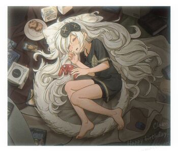 1girl absurdres animal_ears bare_legs barefoot bike_shorts black_shirt black_shorts blush border cellphone clauvio_(vtuber) closed_eyes computer_keyboard computer_mouse controller cookie drink_carton extra_ears feet food from_above full_body game_console game_controller gamecube gamecube_controller grey_hair grey_tail hands_up happy highres holding holding_controller holding_game_controller indie_virtual_youtuber indoors itou_kaiji kaiji legs long_hair luigi luigi's_mansion lying mario_(series) massimo milk_carton mouse_ears mouse_girl nintendo off_shoulder on_ground on_side open_mouth paper_mario paper_mario:_the_thousand-year_door phone plate remote_control saliva shirt short_shorts shorts sleep_mask sleeping smartphone solo sonic_(series) sonic_heroes sonic_the_hedgehog super_smash_bros. swept_bangs t-shirt toenails toes very_long_hair virtual_youtuber white_border