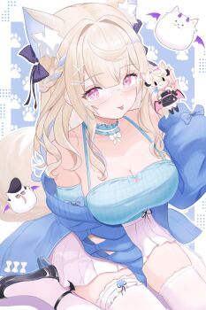 1girl :p animal_ears between_legs black_bow black_shoes blonde_hair blue_camisole blue_cardigan blue_choker blue_streaks bow braid breasts camisole cardigan center-flap_bangs character_doll choker commentary_request curly_hair dog_ears dog_girl dog_tail doll extra_ears fuwawa_abyssgard fuwawa_abyssgard_(casual) glasses hair_bow hair_ornament hairclip half_up_braid hand_between_legs hand_up high_heels highres holding holding_stuffed_toy hololive hololive_english kei_(keiillustrator) large_breasts long_hair looking_at_viewer mococo_abyssgard off_shoulder official_alternate_costume official_alternate_hairstyle parallel_hairclips perroccino_(fuwamoco) pink_eyes plaid_camisole semi-rimless_eyewear shoes sitting skirt solo stuffed_animal stuffed_toy tail thighhighs tongue tongue_out virtual_youtuber wariza white_skirt white_thighhighs x_hair_ornament