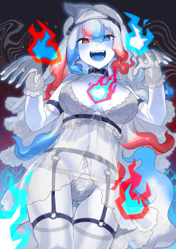 1girl absurdres black_collar blue_eyes blue_hair blue_tongue bra breasts breasts_apart collar collarbone colored_skin colored_tongue commentary garter_belt ghost_pose gradient_hair heart heart-shaped_pupils heterochromia highres large_breasts long_hair looking_at_viewer monster_girl multicolored_hair open_mouth original panties red_eyes red_hair sakoku_(oyatsu3ji_) sharp_teeth solo symbol-only_commentary symbol-shaped_pupils teeth underwear white_bra white_hair white_panties white_skin