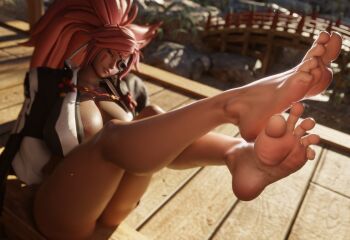 1girl 3d amputee asian ass bad_tag baiken barefoot blender bottomless breasts cleavage coat day exhibitionism eyebrows eyelashes eyepatch facepaint feet feet_up female female_focus foot_focus guilty_gear guilty_gear_strive guilty_gear_xrd huge_ass huge_breasts large_areolae large_breasts large_nipples long_hair looking_at_viewer makeup muscular muscular_female outdoor_nudity outdoors pink_hair ponytail public_indecency red_eyes red_hair samurai soles spread_toes sweat syclops thick_thighs thighs toes