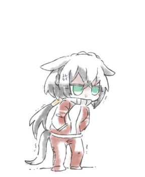 1girl anger_vein animal_ears beer_hsk braid character_request chibi covered_mouth crown_braid ears_down full_body green_eyes grey_hair hair_between_eyes hands_in_pockets horse_ears horse_girl horse_tail jacket jitome kin&#039;iro_ryotei_(umamusume) long_hair low_ponytail pants ponytail red_jacket red_pants solo standing tail track_jacket track_pants track_suit trembling umamusume very_long_hair white_background