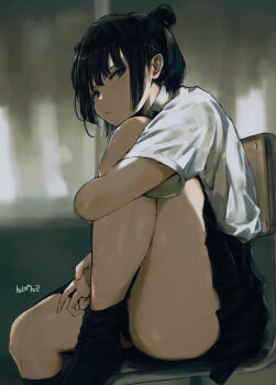 1girl black_hair black_skirt blue_eyes collared_shirt commentary_request double_bun from_side hair_bun hair_ornament hugging_own_legs knee_up kneehighs looking_at_viewer looking_to_the_side miniskirt original pleated_skirt shirt short_hair short_sleeves sitting skirt socks solo tenpanco thighs white_shirt x_hair_ornament