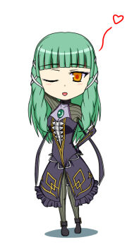 Rule 34 | artist request, chibi, dress, emeraude (tales of graces), hair ornament, heart, long hair, open mouth, smile, tales of (series), tales of graces, wink, yellow eyes