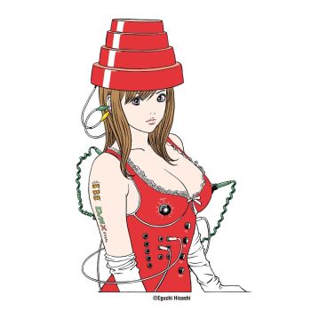 1girl artist_name bare_shoulders black_eyes breasts cable camisole cleavage collarbone copyright_name eguchi_hisashi elbow_gloves eyelashes frills gloves large_breasts lips looking_at_viewer original red_camisole simple_background solo switch upper_body white_background white_gloves