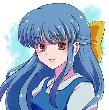 blue_hair bow brown_eyes closed_mouth coa_(momo) colored_eyelashes hair_bow half_updo long_hair looking_at_viewer pink_lips portrait ranma_1/2 school_uniform smile solo straight_hair tendou_akane yellow_bow