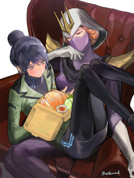 2girls armchair black_pantyhose black_shirt black_skirt blush bodysuit breasts brown_hair chair closed_mouth commentary container covered_mouth cucumber cucumber_slice edo_mond_(edoedoedomond) elbow_gloves feet_out_of_frame gloves green_jacket gundam gundam_gquuuuuux hair_bun hand_on_own_cheek hand_on_own_face helmet highres jacket kycilia_zabi legs long_sleeves looking_at_another lying_on_lap mask medium_breasts miniskirt mouth_mask multiple_girls nyaan_(gundam_gquuuuuux) on_chair pantyhose purple_bodysuit purple_hair purple_mask red_eyes salmon sauce shirt single_hair_bun sitting skirt twitter_username white_gloves yellow_eyes