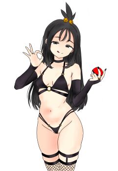 1girl :q bare_shoulders black_bra black_eyes black_gloves black_hair black_nails black_panties bra breasts commentary_request cowboy_shot cube_hair_ornament elbow_gloves fingerless_gloves fingernails fishnet_thighhighs fishnets gloves hair_ornament highres holding holding_poke_ball jewelry lida_(pokemon) long_hair nail_polish narrowed_eyes navel nintendo o-ring o-ring_bra ok_sign panties poke_ball poke_ball_(basic) pokemon pokemon_legends:_z-a ring simple_background siraisi2121 smile solo split_mouth stomach thighhighs thighs tongue tongue_out topknot underwear white_background