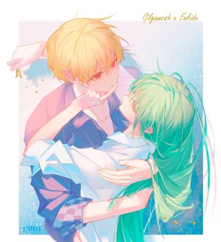 1boy 1other androgynous blonde_hair blue_shirt enkidu_(fate) fate_(series) gilgamesh_(fate) green_eyes green_hair highres long_hair open_clothes open_shirt other_with_male red_eyes shirt tdm_25122005 white_shirt