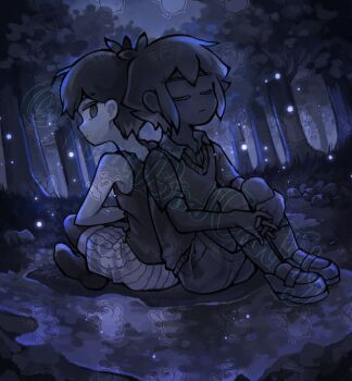 Rule 34 | 2boys, absurdres, antenna hair, black eyes, black hair, black shirt, black shoes, black shorts, black skin, black socks, black sweater vest, black tank top, black thighhighs, closed eyes, closed mouth, collared shirt, colored skin, commentary, crossed legs, double-parted bangs, english commentary, hair between eyes, highres, indian style, knees up, loafers, looking at viewer, male focus, multiple boys, omori, omori (omori), puddle, shirt, shoes, short hair, short sleeves, shorts, sidelocks, sitting, socks, stranger (omori), striped clothes, striped shorts, sweater vest, tank top, thatbirdcanfly, thighhighs, too many watermarks, twitter username, vertical-striped clothes, vertical-striped shorts, watermark, white shorts, white skin