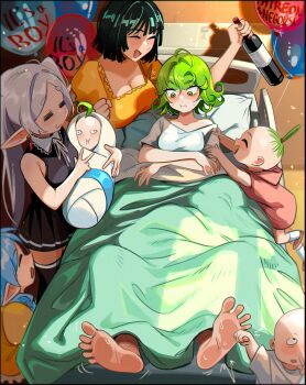 3girls :3 ahoge baby balloon barefoot bed black_skirt black_thighhighs blue_hair bottle carrying carrying_baby carrying_person closed_eyes collared_shirt crossover earrings frieren fubuki_(one-punch_man) green_eyes green_hair highres holding holding_bottle hospital_bed jewelry multiple_girls on_bed one-punch_man patreon_username pointy_ears shirt short_hair skirt sleeveless sleeveless_shirt snegovski sousou_no_frieren sweatdrop tatsumaki thighhighs wine_bottle