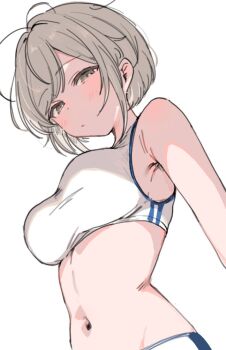 1girl ahoge breasts commentary_request from_below grey_hair half-closed_eyes large_breasts navel original paragasu_(parags112) parted_bangs short_hair simple_background solo sports_bra tagme white_sports_bra