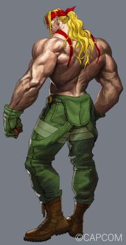 Rule 34 | 1boy, alex (street fighter), arm tattoo, back, bandana, bara, biceps, blonde hair, boots, capcom, commentary request, facing away, fingerless gloves, from behind, full body, gloves, green gloves, grey background, headband, highres, long hair, male focus, muscular, muscular male, official art, overalls, pants, ponytail, red bandana, red headband, simple background, solo, standing, street fighter, street fighter iii (series), takayuki nakayama, tattoo, topless male, twitter username, veins, veiny arms