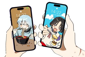 2boys :d ahoge battery_indicator black_hair blue_sky blush cellphone chopsticks closed_eyes cloud curtained_hair eating fake_phone_screenshot fake_screenshot flower_in_eye food food_in_mouth food_on_face foreshortening fubuki_(nige_jouzu_no_wakagimi) gloves hair_between_eyes heart heart_in_mouth highres hikobe_fubuki holding holding_chopsticks holding_phone holding_spoon houjou_tokiyuki_(nige_jouzu_no_wakagimi) incoming_food japanese_clothes kariginu long_hair long_sleeves looking_at_viewer male_focus messy_eater multiple_boys nige_jouzu_no_wakagimi noodles open_mouth parted_bangs phone pudding purple_eyes ramen scar scar_on_arm sidelocks_tied_back simple_background sky smartphone smile snowflake_print spoon symbol_in_eye table timestamp white_background white_gloves