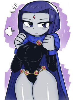 1girl absurdres belt black_leotard blush breasts breath cartoon_network cloak colored_skin dc_comics forehead_jewel gold_belt grey_skin highres hood hood_down hooded_cloak large_breasts leotard long_sleeves looking_at_viewer purple_background purple_cloak purple_eyes purple_hair raven_(dc) short_hair standing superhero_costume teen_titans thick_thighs thighs tony_welt wide_hips