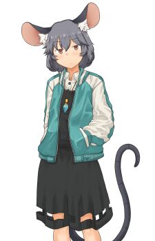 1girl absurdres alternate_costume animal_ears aqua_jacket black_dress blush brown_eyes chagamaka closed_mouth dress expressionless grey_hair hands_in_pockets highres jacket medium_hair mouse_ears mouse_girl mouse_tail multicolored_jacket nazrin shirt solo tail touhou two-tone_jacket white_background white_jacket white_shirt