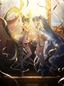 Rule 34 | 2girls, aqua eyes, aqua hair, asymmetrical legwear, ballerina, ballet, ballet slippers, bare shoulders, breasts, commentary request, dress, dual persona, full body, gloves, gold thighhighs, gramophone miku, gramophone miku (frostflower), green eyes, grey hair, hair between eyes, hair ornament, hatsune miku, highres, holding hands, long hair, looking at viewer, medium breasts, miku symphony (vocaloid), multiple girls, official alternate costume, official alternate hairstyle, parted lips, short sleeves, smile, solo, strapless, strapless dress, thigh strap, tutu, twintails, very long hair, vocaloid, watermark, white gloves, yurun (yurun ume)
