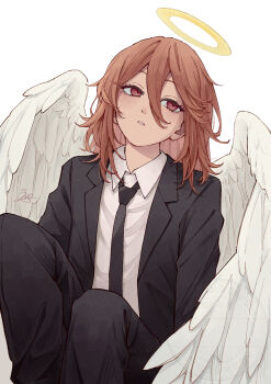 1boy absurdres angel angel_devil_(chainsaw_man) angel_wings black_jacket black_necktie black_pants black_suit chainsaw_man collared_shirt ebico_ni52co feathered_wings formal_clothes hair_between_eyes highres jacket long_hair male_focus necktie pant_suit pants parted_lips red_eyes red_hair shirt simple_background solo suit suit_jacket white_background white_shirt white_wings wings