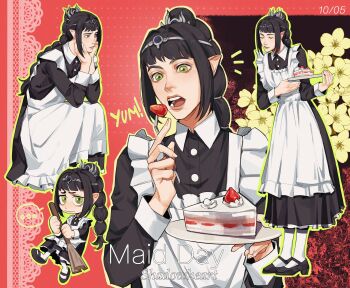 ... 1girl absurdres alternate_costume apron baldur's_gate baldur's_gate_3 black_dress black_hair black_shoes blunt_bangs braid braided_ponytail broom buttons cake character_name chibi circlet closed_eyes collar commentary dated dress dungeons_&amp;_dragons eating elf english_commentary english_text enmaided flower_request food frilled_apron frills full_body green_eyes head_on_hands highres holding holding_broom linaxchuu very_long_braid long_hair long_sleeves looking_at_food looking_at_viewer maid maid_apron maid_day multiple_views open_mouth pointy_ears red_background shadowheart_(baldur's_gate) shoes sidelocks socks speech_bubble spoken_ellipsis strawberry_cake white_apron white_collar white_socks wing_collar
