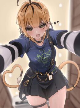 1girl absurdres alternate_costume black_choker black_eyeliner black_lips black_skirt black_streaks blonde_hair blue_shirt choker dooby eyeliner heart heart_tail highres indie_virtual_youtuber lipstick looking_at_viewer makeup mouse_girl mouse_tail open_mouth shirt skirt smile solo soup_(soupysoull) tail thigh_strap virtual_youtuber