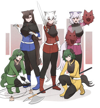 5girls absurdres alternate_costume animal_ear_fluff animal_ears animal_puppet asymmetrical_bangs belt belt_buckle black_capelet black_pants black_shirt blue_boots blue_shirt boots breasts brooch brown_background brown_hair buckle capelet clenched_hand closed_mouth commentary commission crossed_bangs curly_hair dog_ears dog_tail english_commentary gloves gradient_background green_boots green_eyes green_hair grey_hair hair_between_eyes hair_over_one_eye halberd hand_puppet hands_on_own_knees highres holding holding_polearm holding_sword holding_weapon horns imaizumi_kagerou inubashiri_momiji jewelry kasodani_kyouko komainu_ears komainu_girl komano_aunn leaf long_hair long_sleeves looking_at_viewer maple_leaf mata_(matasoup) medium_breasts medium_hair mitsugashira_enoko multicolored_hair multiple_girls on_one_knee open_mouth pants pink_shirt polearm puppet rectangle red_background red_boots red_eyes red_shirt see-through_capelet see-through_clothes shirt short_hair single_horn smile split_mouth squatting standing super_sentai sword tail touhou two-tone_hair two-tone_shirt v-shaped_eyebrows very_long_hair weapon weapon_request white_background white_belt white_gloves white_hair wolf_ears wolf_girl wolf_tail yellow_boots yellow_shirt