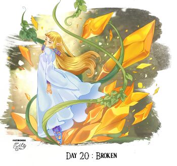 1girl blonde_hair blue_ribbon blue_shoes blunt_bangs blunt_ends border breasts closed_eyes crystal dress english_text estmorzel floating full_body hair_ribbon highres inktober long_dress long_hair medium_breasts nintendo open-toe_shoes plant pointy_ears princess_zelda ribbon shoes sidelocks signature solo the_legend_of_zelda the_legend_of_zelda:_skyward_sword twitter_username vines white_border white_dress wide_sleeves