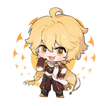 1boy :3 :d aether_(genshin_impact) ahoge black_boots black_gloves black_pants black_shirt blonde_hair blush_stickers boots chibi chibi_only chinese_commentary commentary_request double-parted_bangs full_body genshin_impact gloves hair_between_eyes highres looking_at_viewer male_focus open_mouth pants scarf shirt short_hair short_sleeves simple_background smile solo standing white_background white_scarf xiaoshumiao_ii yellow_eyes