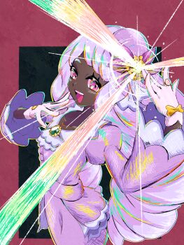Rule 34 | 1girl, absurdres, bow, commentary request, dark-skinned female, dark skin, dress, eyelashes, fascinator, frills, glove bow, gloves, glowing, highres, jacinthe (pokemon), jewelry, long hair, long sleeves, nintendo, open mouth, pink eyes, pokemon, pokemon legends: z-a, purple dress, purple hair, ring, smile, solo, t (user pssw5253), teeth, upper teeth only, very dark skin, white gloves, yellow bow