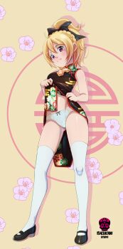 1girl absurdres alternate_costume aqua_panties artist_logo artist_name bare_shoulders black_dress black_shoes blonde_hair blush china_dress chinese_clothes closed_mouth clothes_lift dress dress_lift eyelashes felt_(re:zero) female_focus from_below full_body high_ponytail highres lifting_own_clothes logo loli looking_at_viewer looking_down medium_hair panties ponytail re:zero_kara_hajimeru_isekai_seikatsu red_eyes shoes short_ponytail simple_background sleeveless sleeveless_dress solo standing thighhighs tlacuicani underwear white_thighhighs yellow_background