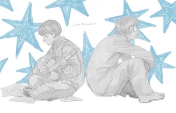 2boys arm_on_own_leg crossed_legs english_text facing_ahead from_side guitar instrument knee_up liam_gallagher m1zaru_00 monochrome multiple_boys music noel_gallagher oasis_(band) on_floor open_mouth paper playing_instrument singing star_(symbol) sweater