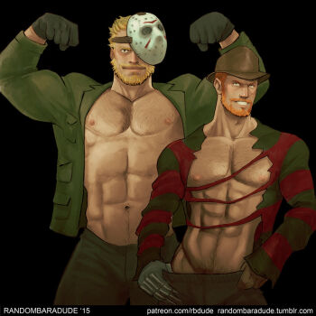 2boys a_nightmare_on_elm_street abs bad_id bad_link bad_tumblr_id bara bare_pectorals beard black_background black_gloves blonde_hair brown_eyes chest_hair claw_(weapon) claws clothes_pull cowboy_shot double_biceps_pose facial_hair fedora flexing freddy_krueger friday_the_13th gloves green_eyes green_shirt hand_under_clothes hat hockey_mask jason_voorhees large_pectorals looking_at_viewer male_focus male_pubic_hair mask mask_on_head mask_over_one_eye mature_male multiple_boys muscular muscular_male mustache navel navel_hair nipple_hair nipples open_clothes orange_hair pants pants_pull pectorals pubic_hair pubic_hair_peek pulling_own_clothes randombaradude shirt short_hair simple_background smile solo teeth torn_clothes torn_shirt weapon