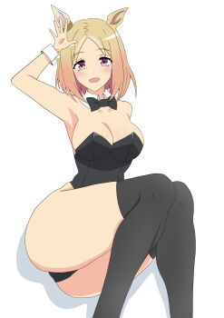 1girl absurdres alternate_costume animal_ears arm_up armpits ass bare_shoulders black_bow black_bowtie black_thighhighs blonde_hair bow bowtie breasts brown_eyes cleavage collarbone commentary_request detached_collar ear_covers ear_ornament highres horse_ears horse_girl invisible_chair large_breasts medium_hair narita_top_road_(umamusume) nobu_teio nontraditional_playboy_bunny open_mouth parted_bangs shadow simple_background single_ear_cover sitting smile solo thighhighs thighs umamusume white_background wrist_cuffs