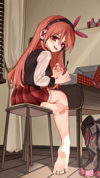 1girl absurdres akame_ga_kill! barefoot blush boots brown_hair chelsea_(akame_ga_kill!) feet headphones highres kourou_(kouroukun) lollipop_in_mouth long_hair looking_at_viewer open_mouth red_eyes shoes sitting soles toes unworn_boots unworn_shoes