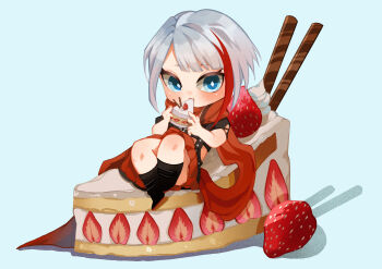 Rule 34 | 1girl, absurdres, admiral graf spee (azur lane), azur lane, black boots, blue background, blue eyes, boots, cake, cake slice, chibi, chibi only, commentary request, eating, food, highres, holding, holding cake, holding food, knee boots, looking at viewer, multicolored hair, red hair, red scarf, scarf, short hair, simple background, solo, strawberry shortcake, streaked hair, white hair, ye dengzhi
