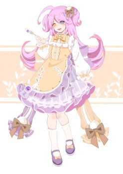 Rule 34 | 1girl, :d, bow, bowtie, commentary request, dress, fork, frilled dress, frills, full body, hair bow, holding, holding fork, honkai (series), honkai gakuen, long hair, long sleeves, looking at viewer, open mouth, pink hair, purple shoes, shoes, sin mal, sin mal0909, smile, socks, white background, white socks, yellow bow, yellow bowtie, yellow dress