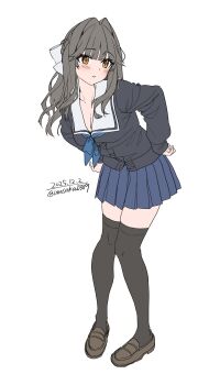 Rule 34 | 1girl, absurdres, black cardigan, black thighhighs, blue neckerchief, blue skirt, blush, bow, breasts, brown eyes, brown hair, cardigan, collarbone, commentary request, grey hair, hair bow, highres, long hair, long sleeves, looking at viewer, medium breasts, neckerchief, original, parted lips, pleated skirt, sailor collar, school uniform, shoes, simple background, skirt, solo, thighhighs, unasaka ryou, white background, white bow, white sailor collar