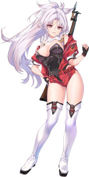 1girl bare_shoulders breasts choukou_(alicesoft) choukou_taisen_escalation_heroines cleavage clenched_hand full_body gun hand_on_own_hip highres jacket large_breasts min-naraken noel_alamain official_art open_clothes open_jacket ponytail red_jacket thighs weapon white_hair