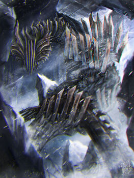 absurdres blizzard chin_spike commentary_request dragon gold_scales highres horns jin_dahaad monster monster_focus monster_hunter_(series) monster_hunter_wilds namami_(namami0115) no_humans spikes tail yellow_scales