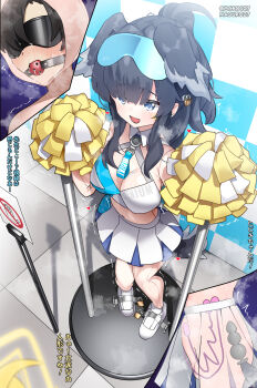 1boy absurdres anal anal_beads anal_object_insertion anal_tail animal_ears animegao ball_gag bdsm black_hair blindfold blue_archive blue_eyes bondage bound breasts butt_plug cheerleader commission cosplay covered_eyes crossdressing crossdressing_(mtf) dog_ears dog_girl dog_tail eyewear_on_head fake_tail gag gagged goggles goggles_on_head heart hibiki_(blue_archive) hibiki_(blue_archive)_(cosplay) hibiki_(cheer_squad)_(blue_archive) highres holding holding_pom_poms kigurumi large_breasts lock long_hair maguro27 male_focus millennium_cheerleader_outfit_(blue_archive) miniskirt navel object_insertion pixiv_commission pleated_skirt pom_pom_(cheerleading) pom_poms restrained sensei_(blue_archive) sex_toy shoes skirt sneakers stationary_restraints sticker sticker_on_face tail translation_request white_skirt