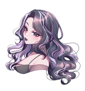 1girl :d aegyo_sal bare_shoulders black_camisole black_eyes black_hair black_lips brown_shirt camisole choker collarbone commentary commission cropped_shoulders curtained_hair english_commentary eyelashes from_side grey_choker grin hair_over_shoulder highres long_hair looking_at_viewer multicolored_hair off-shoulder_shirt off_shoulder open_mouth original sasucchi95 shirt simple_background smile solo streaked_hair tsurime two-tone_hair wavy_hair white_background white_hair